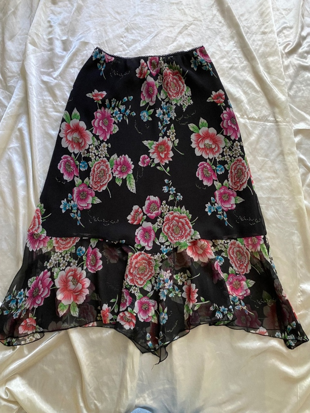Vintage y2k Black Floral Rose Chiffon Asymmetrical Midi Skirt Boho Fairy M